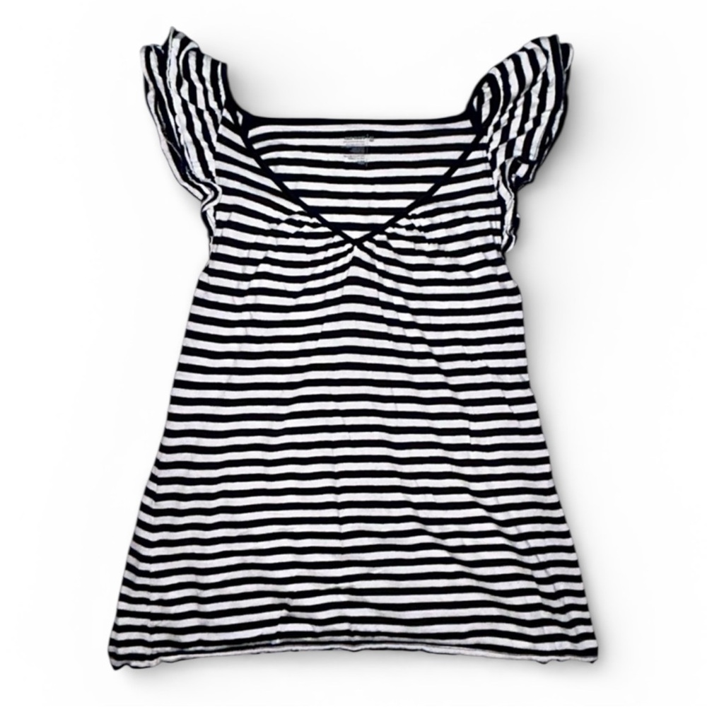 Y2K Black & White Striped Top Flowy Short Flutter Sleeve Blouse V-Neck Chic M - Picture 2 of 8